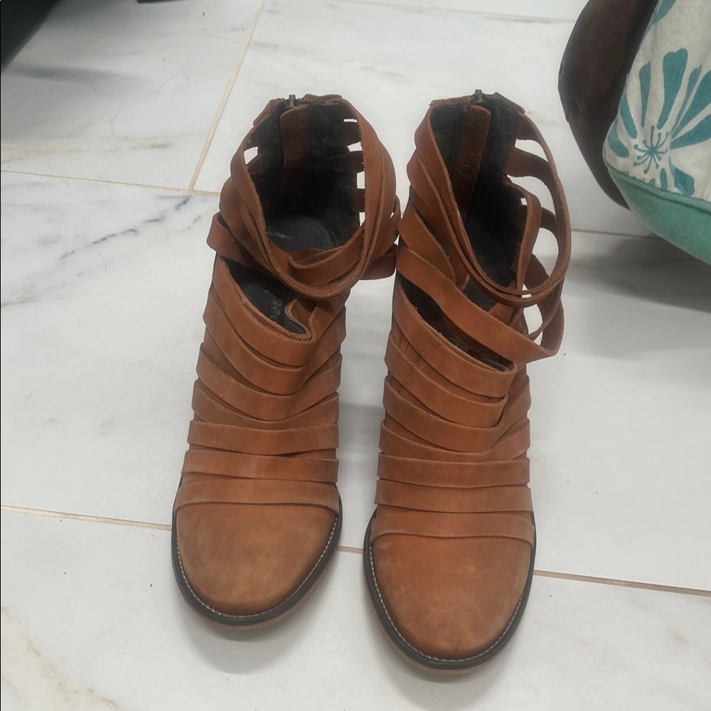 Free People Tan Strappy Ankle Boots